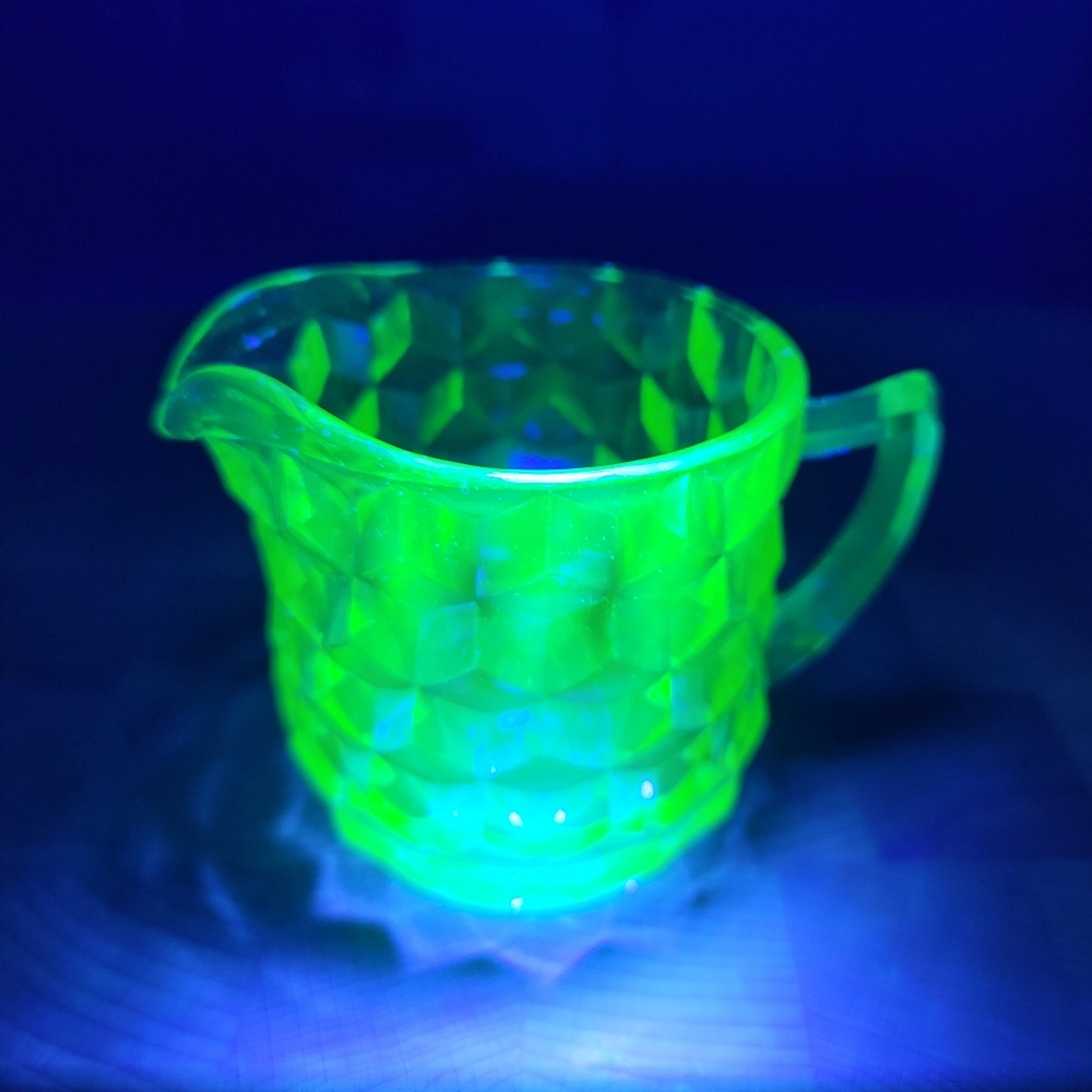 Uranium Glass Depression Glass Pitcher Creamer Cubist Pattern UV Glowing Glass - Picture 3 of 9